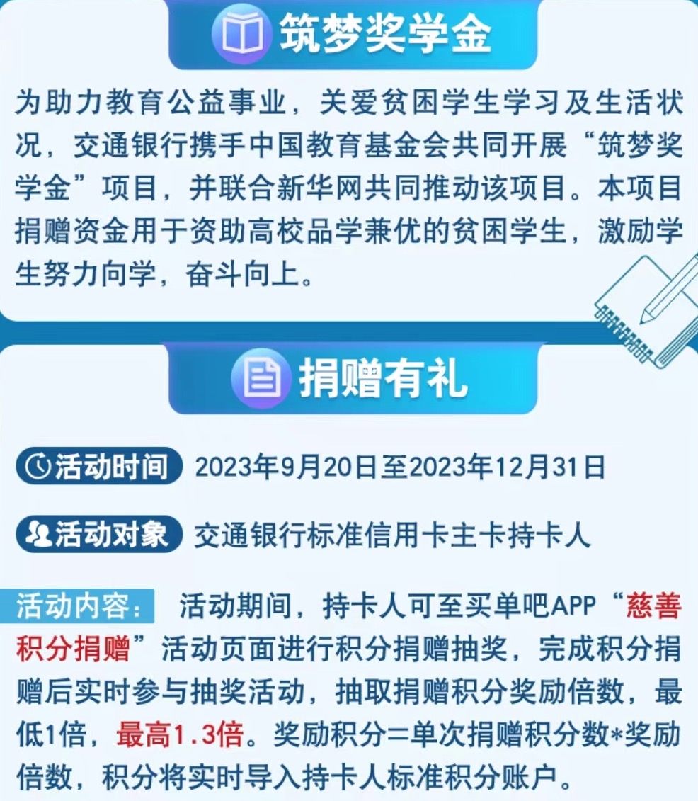 交通银行信用卡积分有什么用?万分接力同心助学速冲