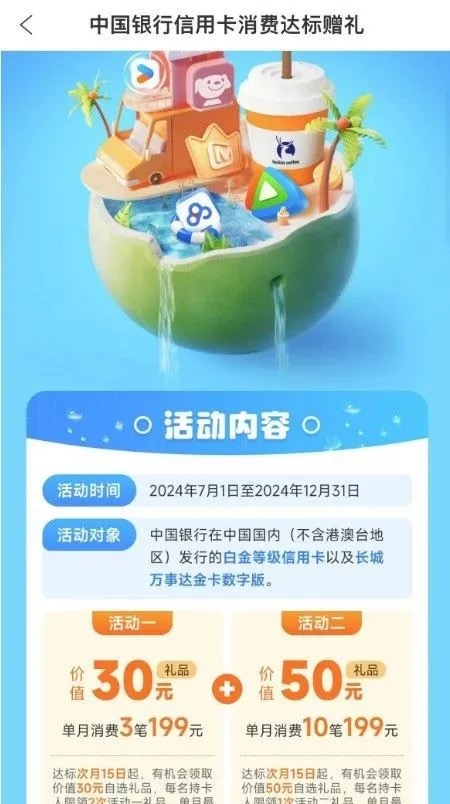 中国银行信用卡消费达标赢好礼,一共80